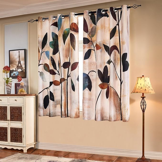SUBRTEX Boho Leaf Printed Curtains 63 inch Long 2 Panels, Room Darkening Vibrant Floral Drapes, 50% Blackout Light Flitering Semi Sheer Farmhouse Curtains for Living Room, 52Wx63L, Brown Leaf
