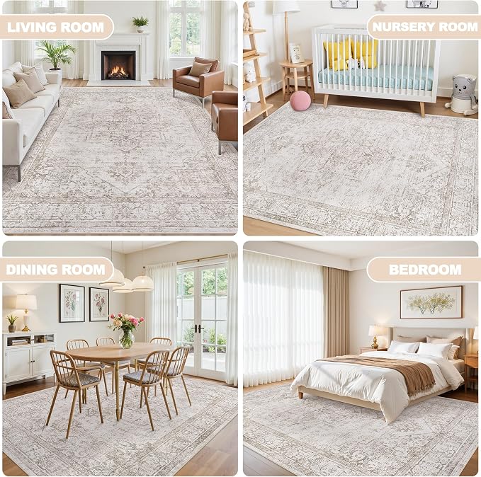6x9 Area Rugs for Living Room:Beige Washable Vintage Medallion Carpet Non-Slip Soft Low Pile Large Rugs Indoor Retro Rug for Bedroom Nursery Dining Table Office Home(Beige Brown, 6'x9')