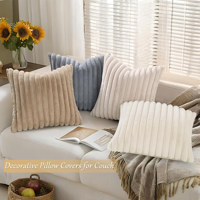 decorUhome Fall Faux Fur Throw Pillow Covers 18x18 Set of 4 Khaki/Beige | Decorative Modern Farmhouse Soft Cozy Striped Pillow Cases Velvet Back for Sofa Bed Living Room Classic Accent Home Decor