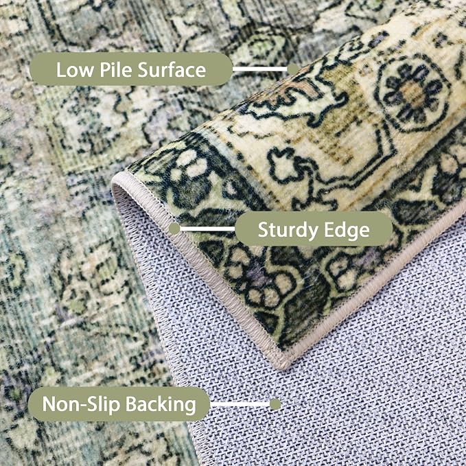 BESBLEE 8X10 Area Rugs Machine Washable Rugs for Living Room, Vintage Boho Large Rugs for Bedroom Dining Room, Non Slip Indoor Soft Distressed Lightweight Thin Low Pile Carpet, Dusty Ocean