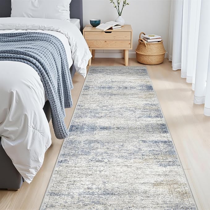 2x8 Runner Rug Non Slip,Washable Hallway Runner Rug,Blue | Neutral Rugs for Kitchen,Entryway,Bedroom,Bathroom,Nursery Room,Thin,Soft Runner Rug,Stain Resistant Indoor Carpet