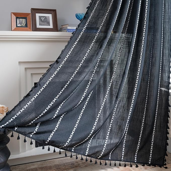 ColorBird Black Linen-Textured Boho Curtains 84 Inches Long for Bedroom Living Room 2 Panels Linen Curtain & Drape Room Darkening Embroidered Striped Window Treatment