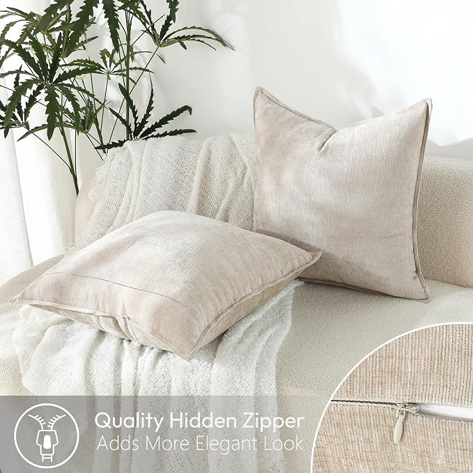 Stellhome Pack of 2 Soft Textured Throw Decorative Pillow Covers Square Accent Solid Chenille Cushion Cover Cozy Farmhouse Pillow Case for Couch Sofa Bedroom Living Room 22x22 Inch, Light Tan