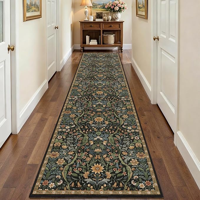 3x12 Washable Runner Rug,Black Brown Floral Boho Area Rug for Hallway,Low-Pile Non-Slip Stain Resistant Long Carpet for Kitchen, Bedside,Laundry Room,Entryway