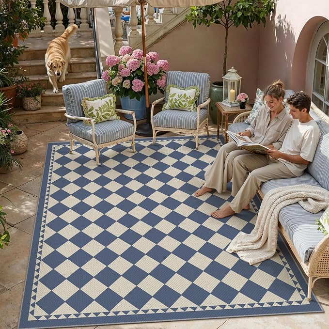 HUGEAR 8'x10' Outdoor Rug Blue Patio Checkered Waterproof Linen-Look Outside Floor Mat Carpet Area Rug for Deck Porch Balcony Backyard Camping RV Picnic Beach Home Decor