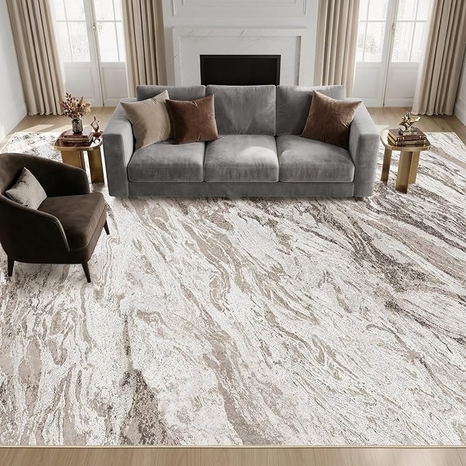 Area Rugs for Living Room: 7X9 Abstract Washable Rug Modern Neutral Large Soft Stain Resistant Non-Slip for Bedroom Dining Room Indoor Home Office Carpet - Brown