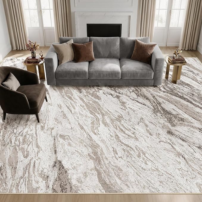 Area Rugs for Living Room: 6X9 Abstract Washable Rug Modern Neutral Large Soft Stain Resistant Non-Slip for Bedroom Dining Room Indoor Home Office Carpet - Brown