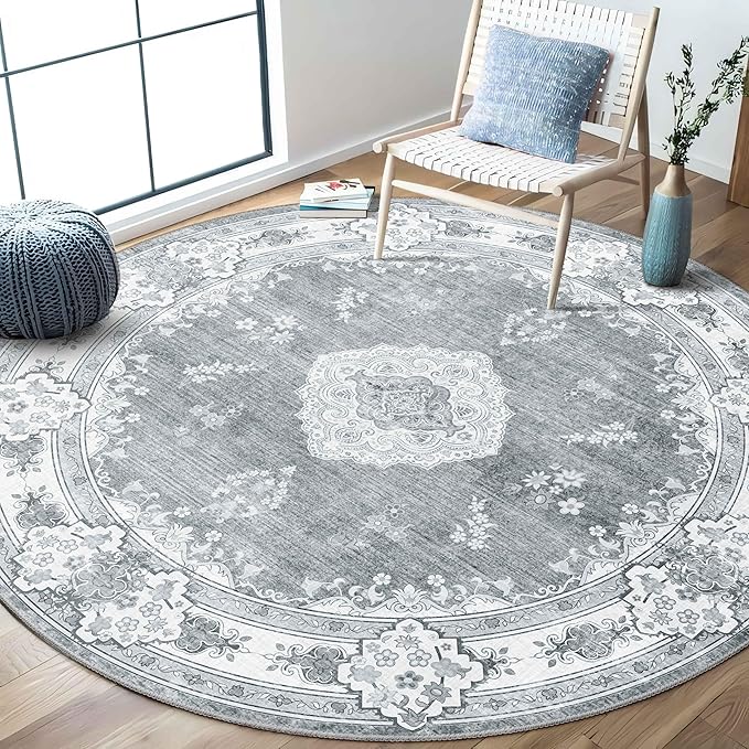 MUJOO Grey Round Rug 6ft,Circle Washable Area Rug Non Slip Low-Pile Floral | Large Circular Rugs for Bedroom Living Room Dining Room Boho Throw Carpet Soft Floor Indoor Vintage Bohemian Flowers