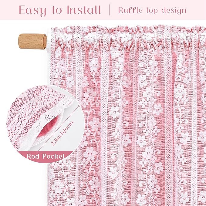 ASPMIZ Pink Valances for Windows Farmhouse Valance Curtains for Kitchen, Double Layer Kitchen Curtains with Linen Lace, Rod Pocket Window Valances for Small Window, Cafe, Bathroom, Living Room, 52x18