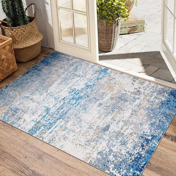 ROYHOME Modern Abstract 2x3 Area Rug Non Slip Non Shedding Low Pile Stain Resistant Rug for Entryway Kitchen Bedroom,Blue/Grey