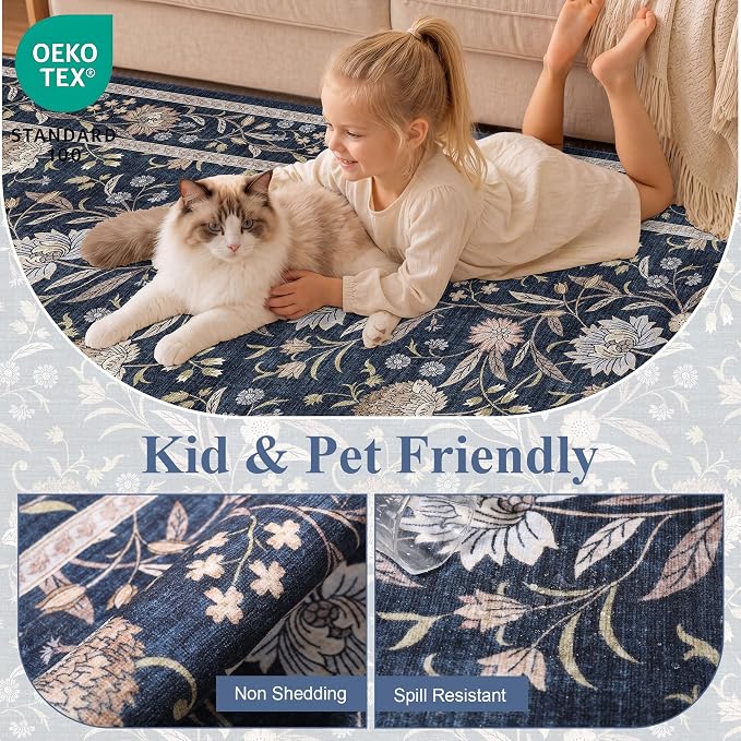 DUKINO 2x10 Runner Rug for Hallway, Washable Vintage Floral Rug, Navy Blue | Non Slip, Low Pile, Non-Shedding, Stain Resistant Soft Long Runner Carpet for Kitchen Bathroom Entryway Bedroom Farmhouse