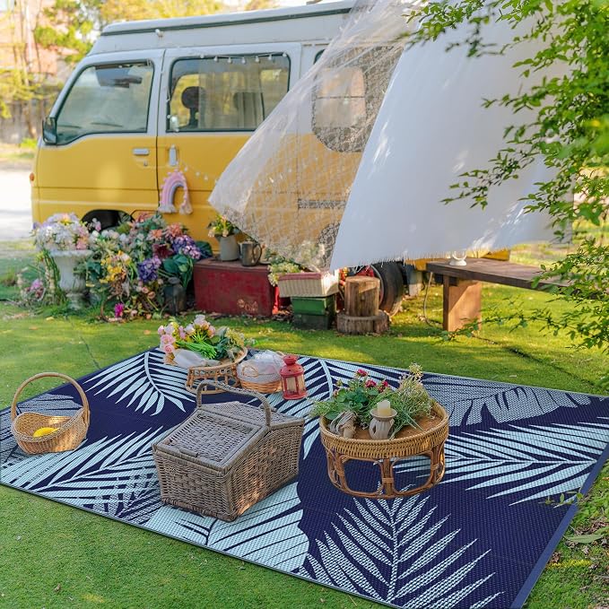GENIMO Outdoor Rug, Waterproof Plastic Rugs for Patio, 6'x9' Blue | Outside Larger Leaf Carpet Mat for Porch Decor, Deck, Balcony, Camping, RV, Backyard, Picnic, Beach, Reversible, Foldable