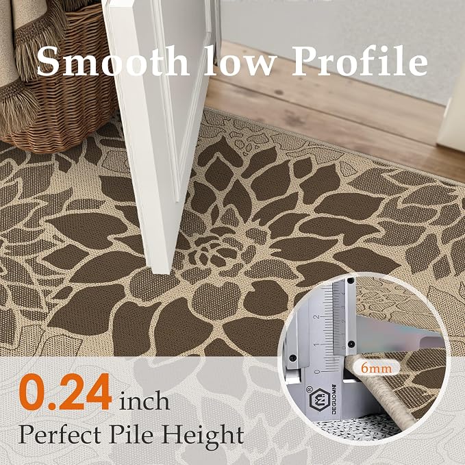 PureCozy 5x8 Easy Jute Outdoor Rug Brown Floral Textured Indoor Outdoor Area Rug Farmhouse Patio Carpet for Backyard, Patio, Porch, Easy-Cleaning, High Traffic, Pet-Friendly, Non-Shedding