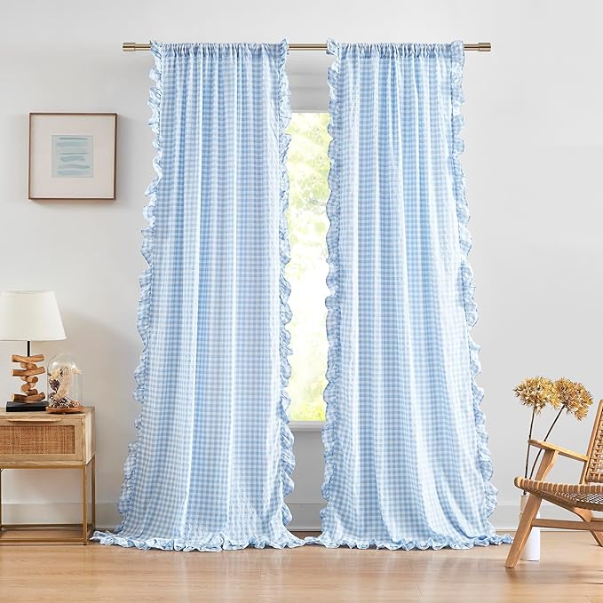 ZJDECOR Baby Blue Buffalo Plaid Ruffle Window Curtain Panels 84 Inches Long | Rustic Crinkled Not-See-Through Sheer Drapes,Shabby Chic Window Treatment,Bedroom Living Room,Rod Pocket,40"Wx84"Lx2