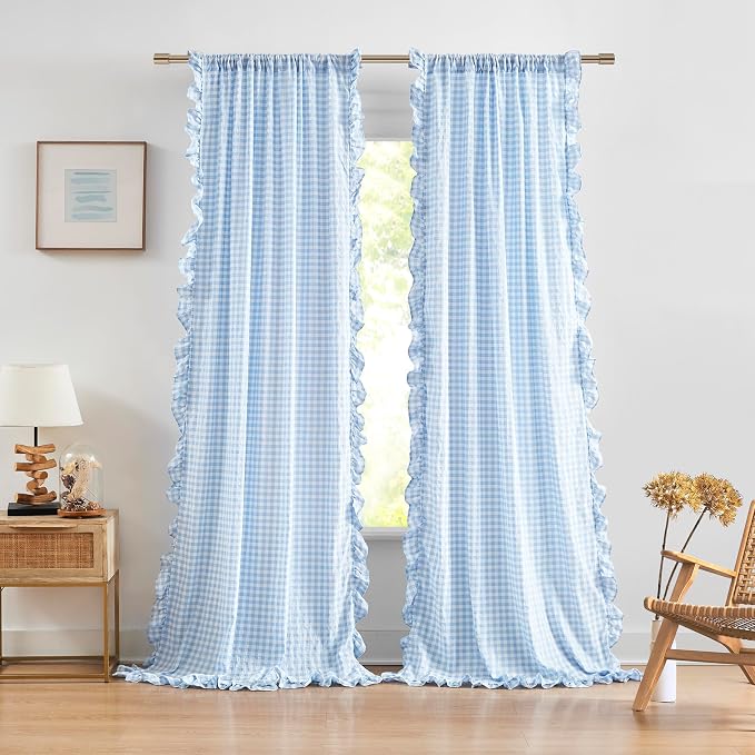 ZJDECOR Baby Blue Buffalo Plaid Ruffle Curtain Panels 90 Inches Long | Crinkled Not-See-Through Sheer Drapes,Kidsroom Bedroom Living Room,Shabby Chic Window Treatment,Rod Pocket,40"Wx90"Lx2