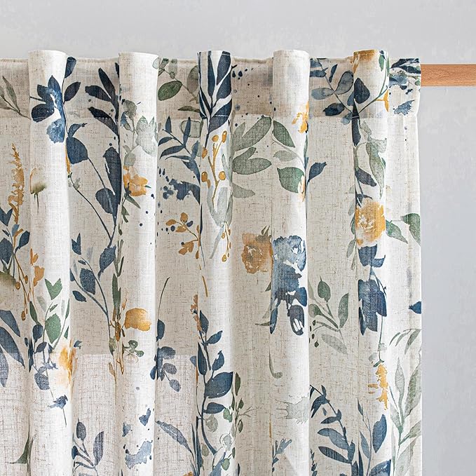 MYSKY HOME Linen Floral Curtains 95 Inch Length 2 Panels Set Semi Sheer Natural Modern Flower Printed Light Filtering French Country Window Curtain for Dining Room, Yellow and Blue, 50" W Each Panel
