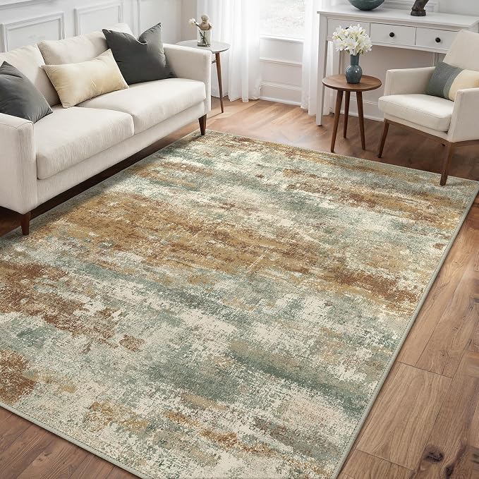 GENIMO Area Rug 5x7 Washable Abstract Modern Rug Non Slip, Throw Neutral Rugs Soft Large Carpet for Living Room Bedroom Dining Room, Low Pile Lightweight, Burnt Orange Brown Green Colorful