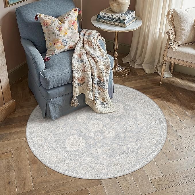 6x6 Blue Cream Washable Round Rug for Living Room Bedroom Neutral Floral Soft Non Slip Circle Rug Low Pile Distressed Carpet for Dining Room Nursery Office Indoor