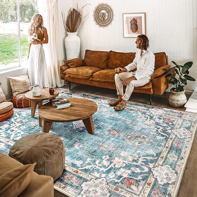 MUJOO Teal Rug 8x10 Washable Area Rugs Non Slip Low-Pile Floral Large | Machine Washable Throw Carpet for Living Room Bedroom Dining Room Boho Soft Floor Indoor Abstract Flowers Blue Colorful