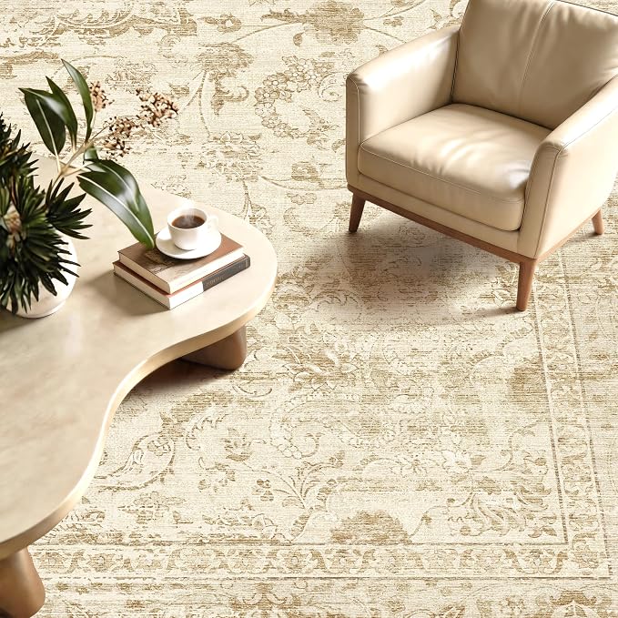 Neutral 3x5 Washable Rug, Beige Vintage Boho Carpet for Bedroom | for Living Room, Low Pile Small Indoor Area Rug with Non-Slip Silicone Backing, Non-Shedding