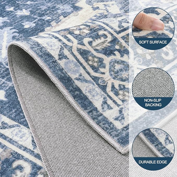 9x12 Area Rugs for Living Room:Blue Washable Vintage Medallion Boho Rug Non-Slip No Slip Stain Resistant Soft Low Pile Large Rugs Indoor Retro Carpet for Bedroom Nursery Dining Office (Blue 9'x12')