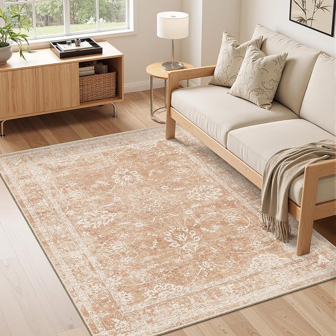 Madane Washable Area Rug 4x6, Low Pile Stain Resistant Vintage Area Rugs, Non Slip Accent Rug Floral Print Indoor Mat for Entryway Living Room Kitchen Bedroom, Jasper Orange