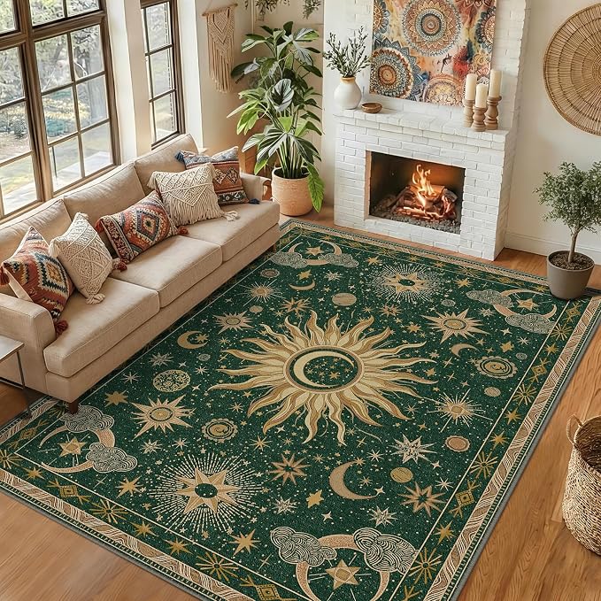 Vacuum-Friendly, 8x10 Washable Area Rug, Green Gold Yellow | Sun and Moon Boho Gothic Non-Slip Low Pile Living Roon Bedroom Dining Room Kitchen Entry Entryway Entrance Hallway Doormat