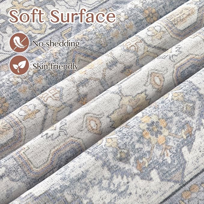 Tortania Area Rug Living Room Rugs - 6x9 Washable Boho Rug Vintage Oriental Distressed Farmhouse Large Thin Indoor Carpet for Living Room Bedroom Under Dining Table Home Office - Blue Beige