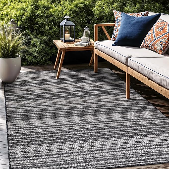 Luul Home Stripe Outdoor Rug 10x14 Washable Outside Carpet for Indoor Patio Porch Waterproof Easy Cleaning Non Shedding Area Rugs Dark Gray 10 x 14