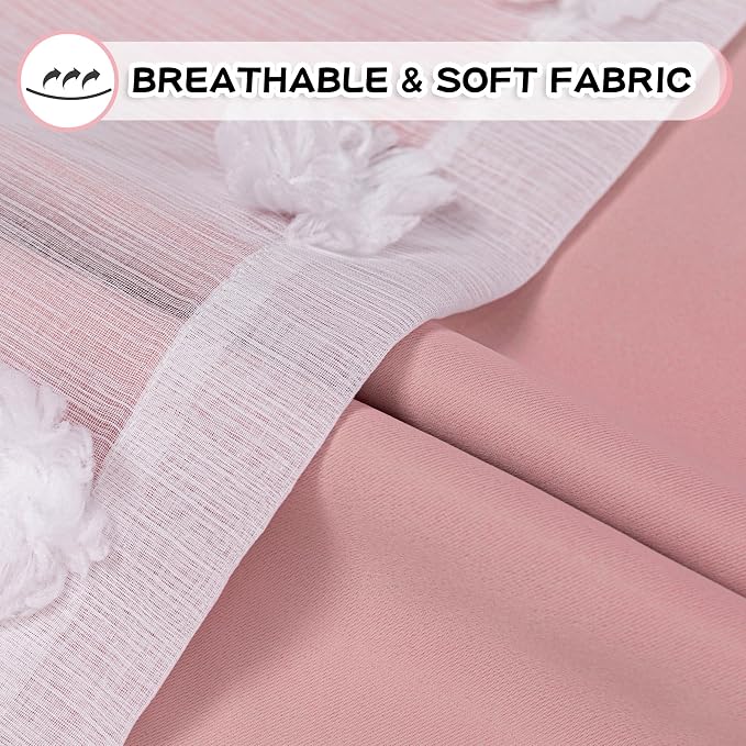 MYSKY HOME Pink Curtains for Living Room 90 Inches Long with Pom Pom Sheer Room Darkening Nursery Kids Bedroom Back Tab Double Layer Drapes Window Panels, 52 x 90 inch, Blush Pink, 2 Pieces