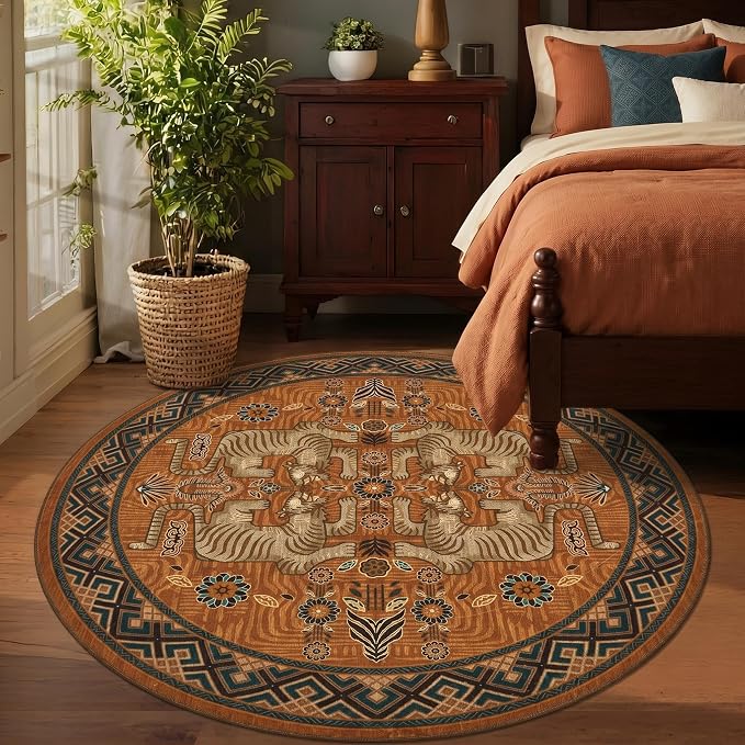 GarveeHome Tiger Round Area Rugs, 4ft Boho Orange Animal Print Bedroom Circle Rugs Non Slip, Washable Vintage Tribal Floor Carpet for Dining Room Entryway Nursery Playroom Office