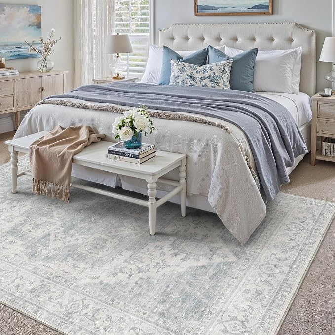 HUGEAR 6x9 Machine Washable Rug Blue Area Rug Room Decor Vintage Distressed Living Room Carpet Non Slip Low Pile Throw Rugs for Bedroom Dining Room Office Soft Lightweight