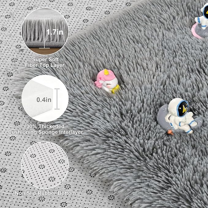 Fluffy Rugs for Living Room: Grey Soft Shag Rug for Bedroom, Large Fuzzy Plush Indoor Floor Carpet Non Slip Modern Rug for Nursery Boys Girls Kids Room Playroom Dorms Home Decor, 9x11 Feet