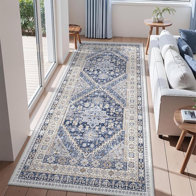 zesthome 3x8 Runner Rug Non Slip Washable for Entryway, Vintage Hallway Runner for Front Porch, Laundry Room, Bedroom, Abstract Stain Resistant Thin Indoor Kitchen Mats for Floor(Blue/Beige,3'x8')