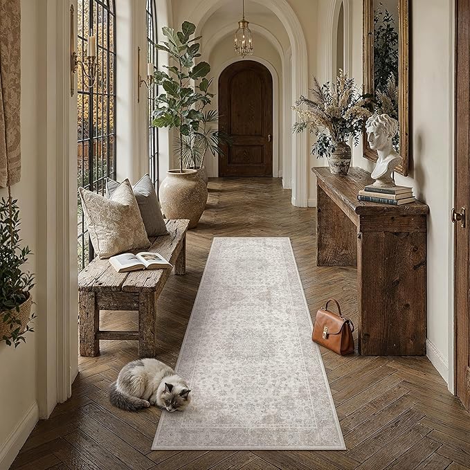 PureCozy 2x4 Washable Runner Rug Neutral Beige Vintage Floral | Non Slip, Soft Low Pile, Hallway Carpet for Kitchen, Entryway, Laundry Room, Farmhouse Decor