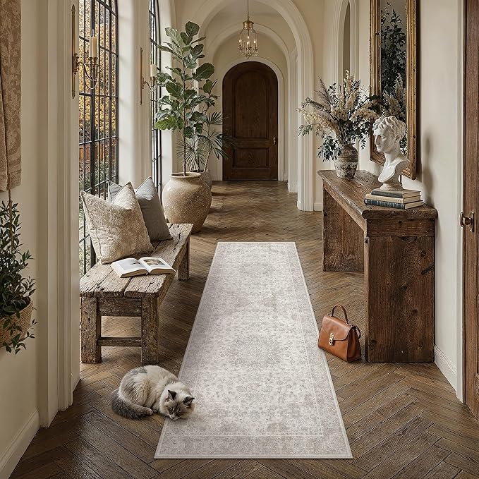 PureCozy 2x5 Washable Runner Rug Neutral Beige Vintage Floral | Non Slip, Soft Low Pile, Hallway Carpet for Kitchen, Entryway, Laundry Room, Farmhouse Decor