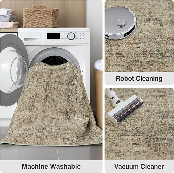 FMFUNCTEX 3x5 Washable Area Rug Brown Vintage Neutral Distressed Non Slip Low Pile Traditional Retro Indoor Carpet for Entryway Entrance Soft Rug Living Room Bedroom Kitchen Dining Office Laundry