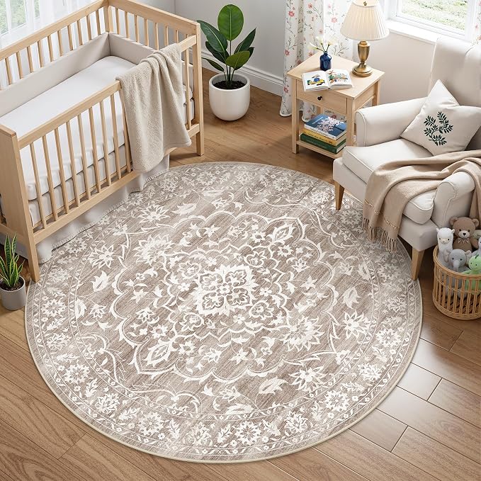 Soalmost Washable Round Rug 5ft for Living Room,Soft Circle Rug Light Brown | Vintage Floral Ultra-Thin Non-Slip 5x5 Round Throw Carpet for Entryway Nursery Bedroom Kitchen Dining Room 5'Round