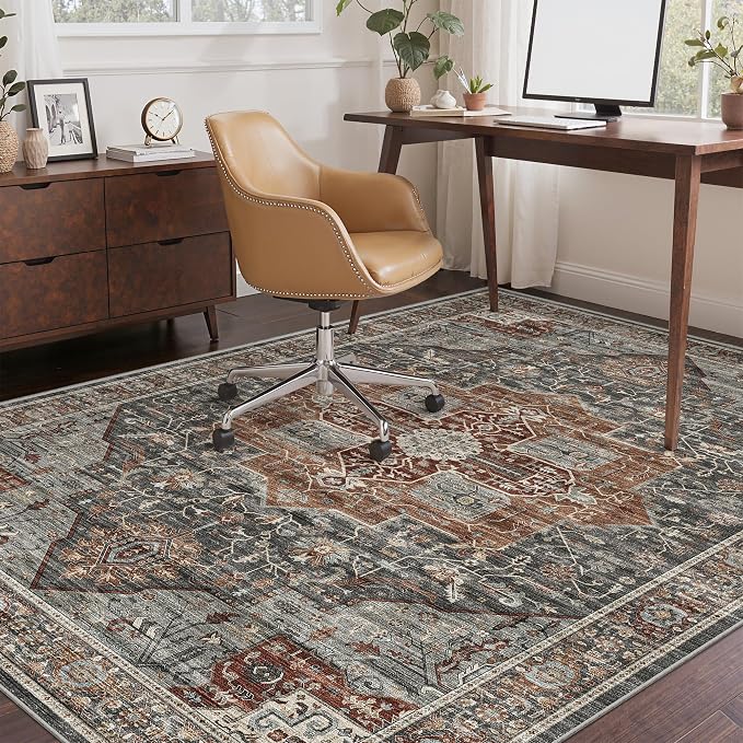 Roxstand Washable 3x5 Area Rug, Non Slip Rug for Entryway Grey/Brown/Tan | Low Pile Vintage Rug, Stain Resistant, Non-Shedding Design, Pet & Kid Friendly, Carpet for Living Room, Bedroom, Dining Room
