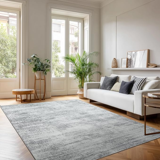 Gray Office Chair Mat for Low Pile Non Slip Neutral 4x6 Area Rug for Dorm | Light Grey Small Rugs Washable, Modern Abstract Floor Carpet 4 x 6, for Dorm Playroom Laundry Room, Rubber Backing Foldable