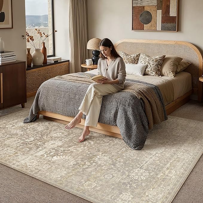 HUGEAR Area Rugs 9x12 Beige Washable Rug for Living Room Bedroom Large Neutral Vintage Rug Carpet Distressed Soft Durable Non Slip No Shedding for Indoor Dining Nursery Farmhouse