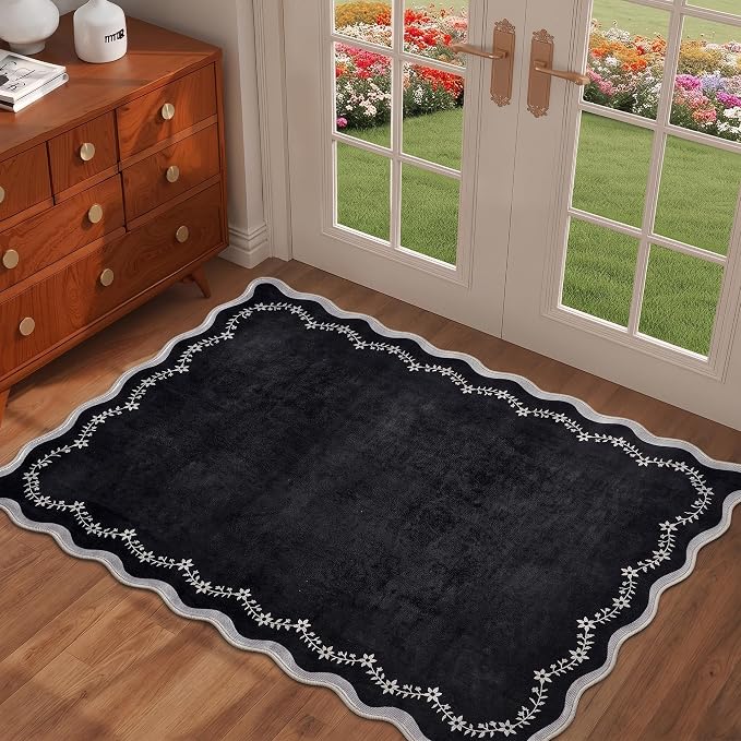 GarveeHome Scalloped Entryway Rug 2x3 Black Washable Front Door Entry Rug | Indoor Entrance Carpet Non-Slip Low Pile Throw Rugs for Kitchen Floor, Powder Room, Entry, Bathroom, Kids Room