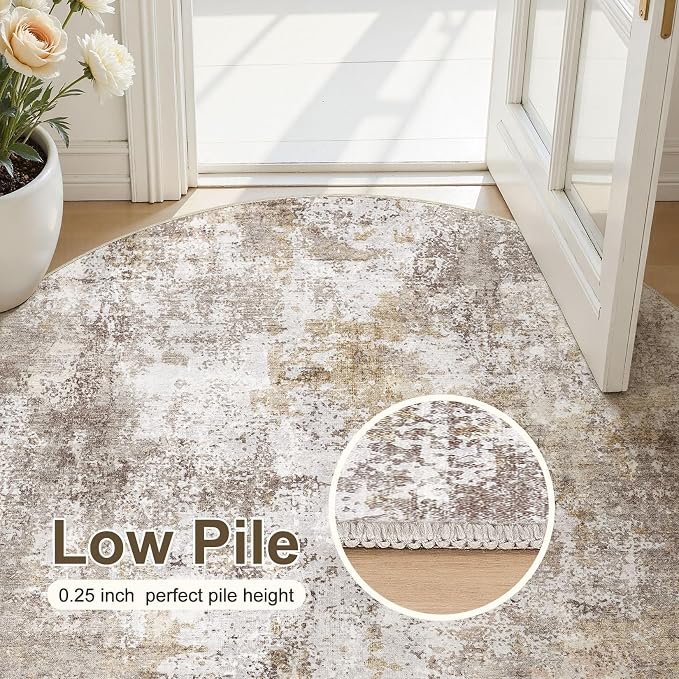 6Ft Round Area Rug for Living Room, 6x6 Washable Rugs Non-Slip Soft Large Modern Abstract Pattern Low Pile Carpet for Bedroom Indoor Floor Nursery Home Decor - Gold Brown