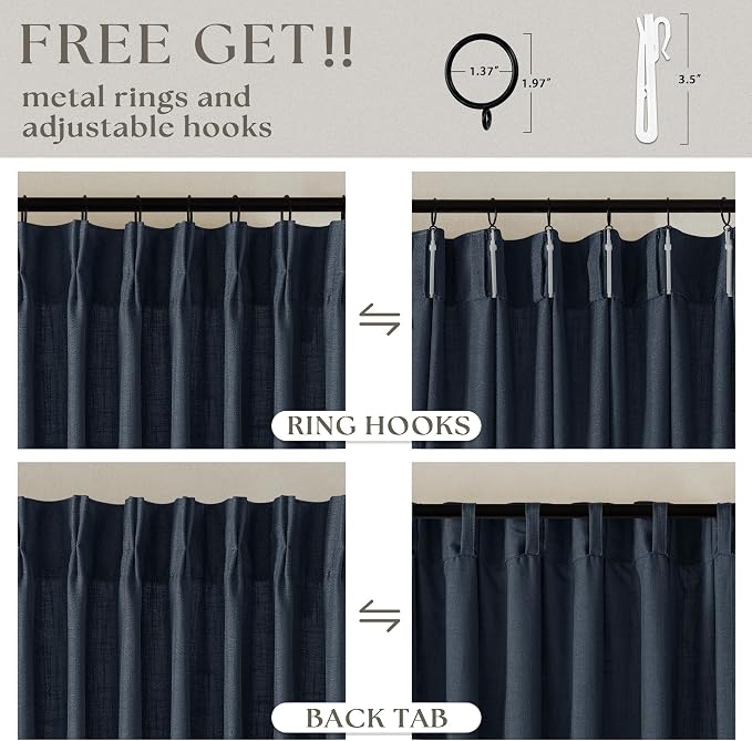 Navy Pinch Pleated Linen Semi Sheer Short Curtains 45 Inch Length 2 Panels | for Kitchen Small Bay Window Basement, Pinch Pleated with Hooks Rings Back Tab, Memory Shape, Thick Linen Semi Sheer, W40xL45