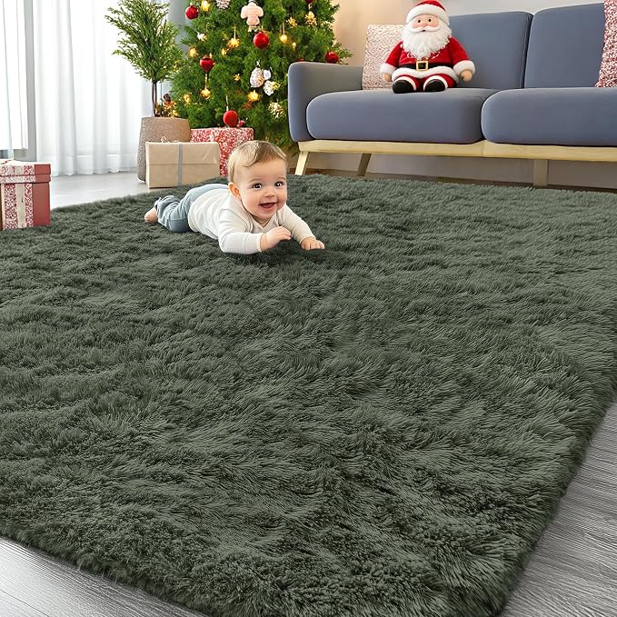 OLANLY 6x9 Machine Washable Large Area Rugs for Living Room, Bedroom, Soft Fluffy Shaggy Bedside Rug, Indoor Floor Carpet for Kids Girls and Boys, Dorms, Nursery, Home Decor Aesthetic, Olive Green