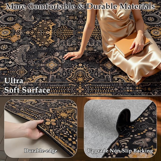 Ruaruarug Area Rug 5'×7', Non Slip Machine Washable Ultra Soft Stain & Fade Resistant, Pet & Kids Friendly, for Living Room/Bedroom/Kitchen/Classroom, Black and Gold