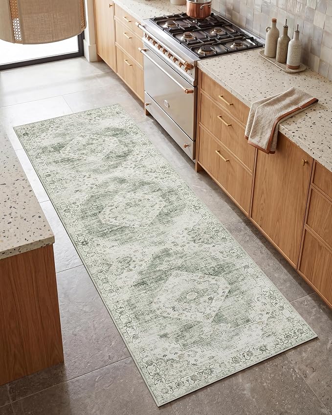 Garvee Sage Green 2x6 Kitchen Runner Rug Washable Non Slip Boho Vintage Long Rug for Hallway Bathroom Entryway Laundry Room Mat TPE Backing