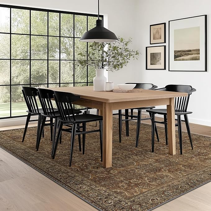BESBLEE 10X14 Area Rugs Machine Washable Rugs for Living Room, Vintage Boho Large Rugs for Bedroom Dining Room, Non Slip Indoor Soft Distressed Lightweight Thin Low Pile Carpet, Rustic Brown