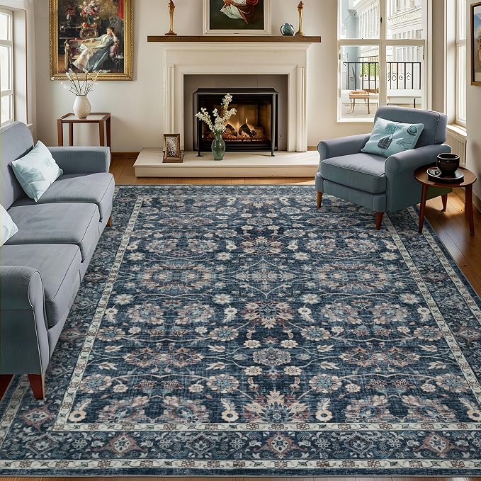 8x10 Vintage Washable Area Rug, Blue | Living Room,Low Pile Non Slip Non-Shedding Large Soft Indoor Stain Resistant Rug Floral Print Mat for Bedroom Dining Room