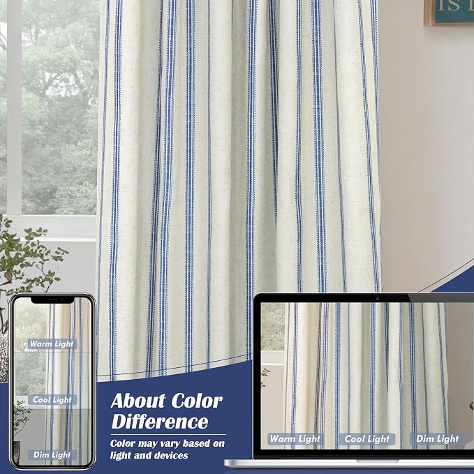 DriftAway Farmhouse Stripe Blackout Curtains, W52xL84, Navy | Blackout, Linen Texture, Stripe Pattern, Rod Pocket & Back Tab, Two Layers, Bedroom Living Room Use, Sound Reducing Design